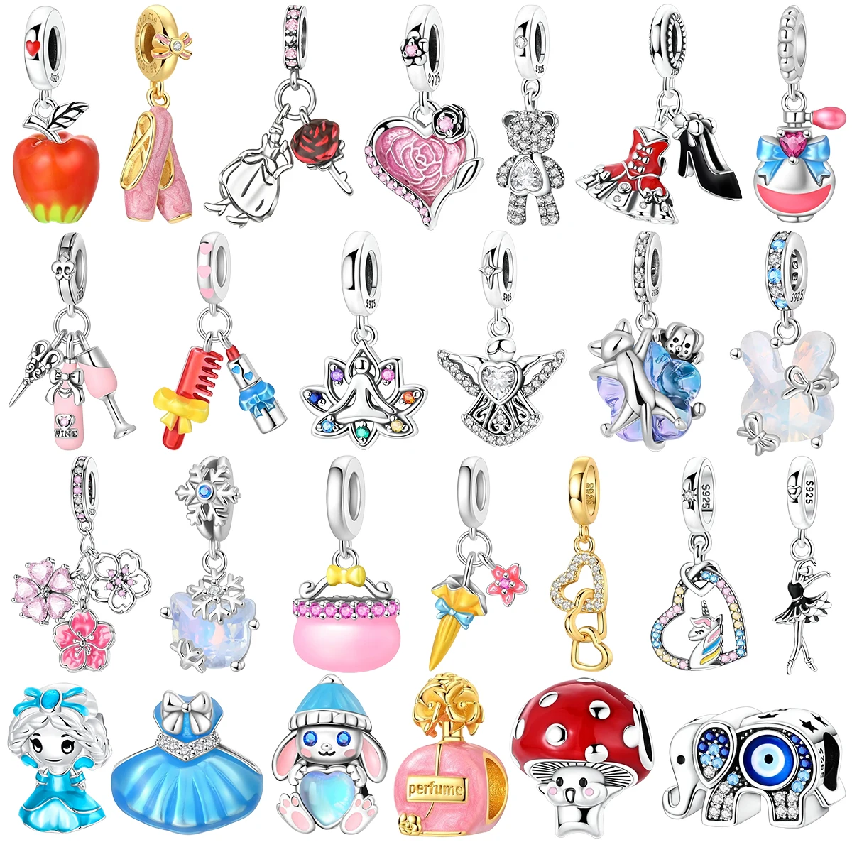 Pulsera de Plata de Ley 925 con Dijes de Conejito, Rosa, Oso y Ángel, con Diseño de Vestido de Princesa y Perfume, Joyería Fina para Mujer, Regalo 2026