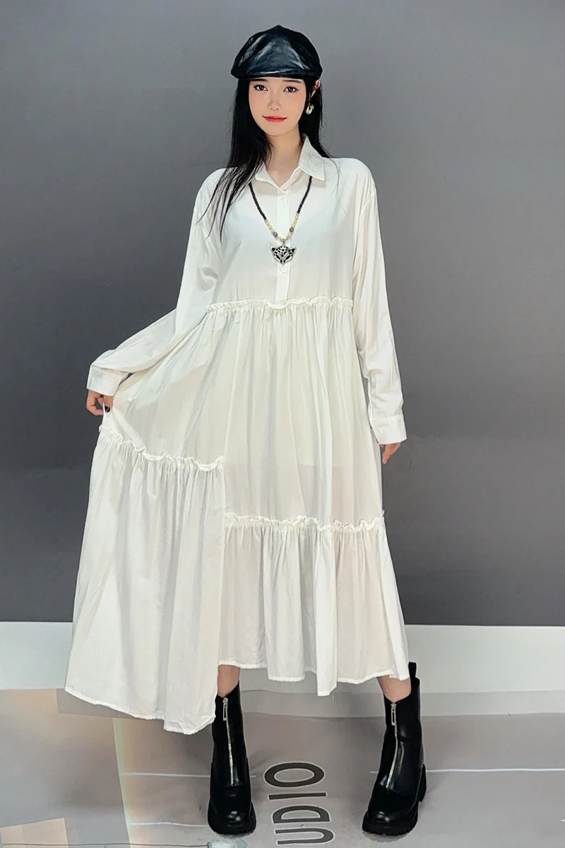 2024 Autumn New Elegant Splicing Loose Long Shirts Dresses Women Casual Turn-down Collar Long Sleeve Dress Wholesale J479