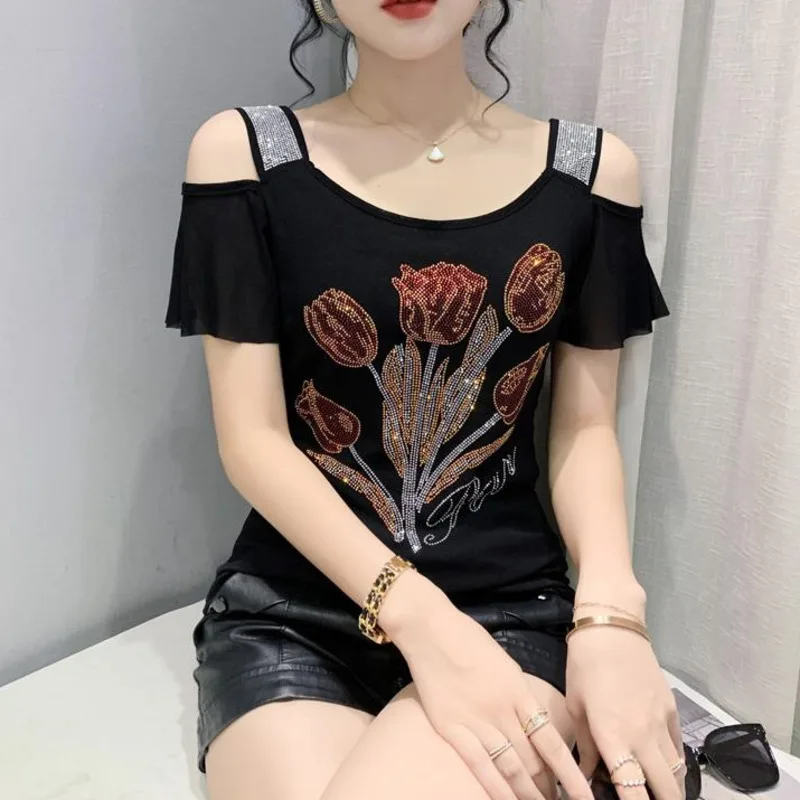 #8110 Black Blue Off Shoulder T Shirt Women Diamonds Flower Sexy Short T Shirt Female Short Sleeve Womens Tee Shirts Summer Top