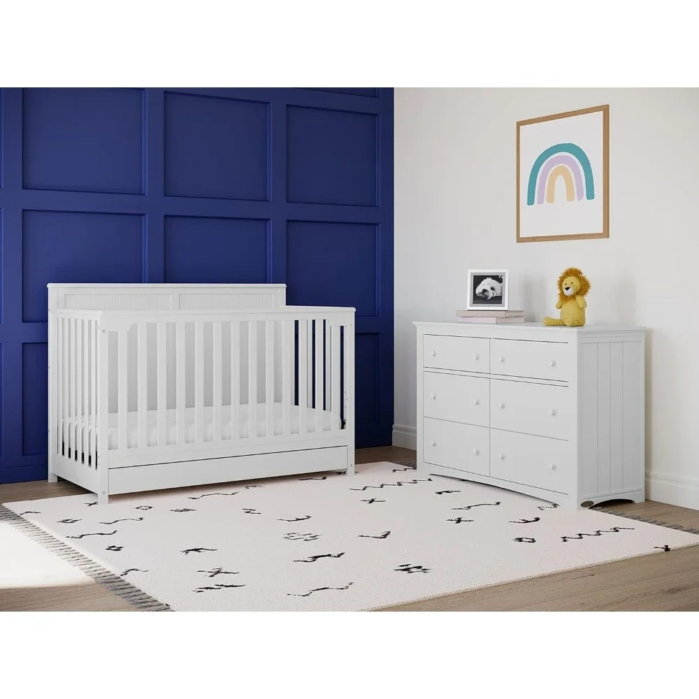 Cuna Convertible 5 en 1 con cajón, Combo de cajón, cajón de almacenamiento de guardería de tamaño completo, se convierte en cama para niños pequeños, cama de día