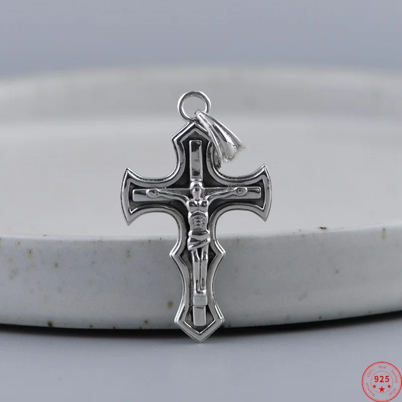 S925 Sterling Silver Charms Pendants for Men Women Retro Emboss Jesus Crucifixion Cross Amulti New Fashion Jewelry Wholesale