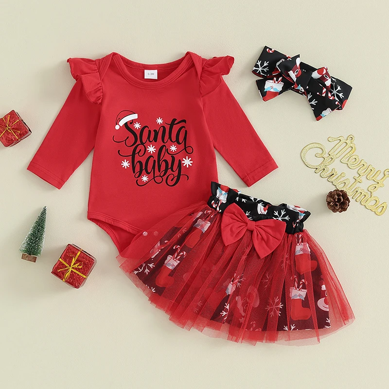 2023-08-16 Lioraitiin 0-24M Newborn Baby Girl Christmas Outfit Dress Santa Print Romper Tutu Tulle Skirt Set Fall Winter Clothes