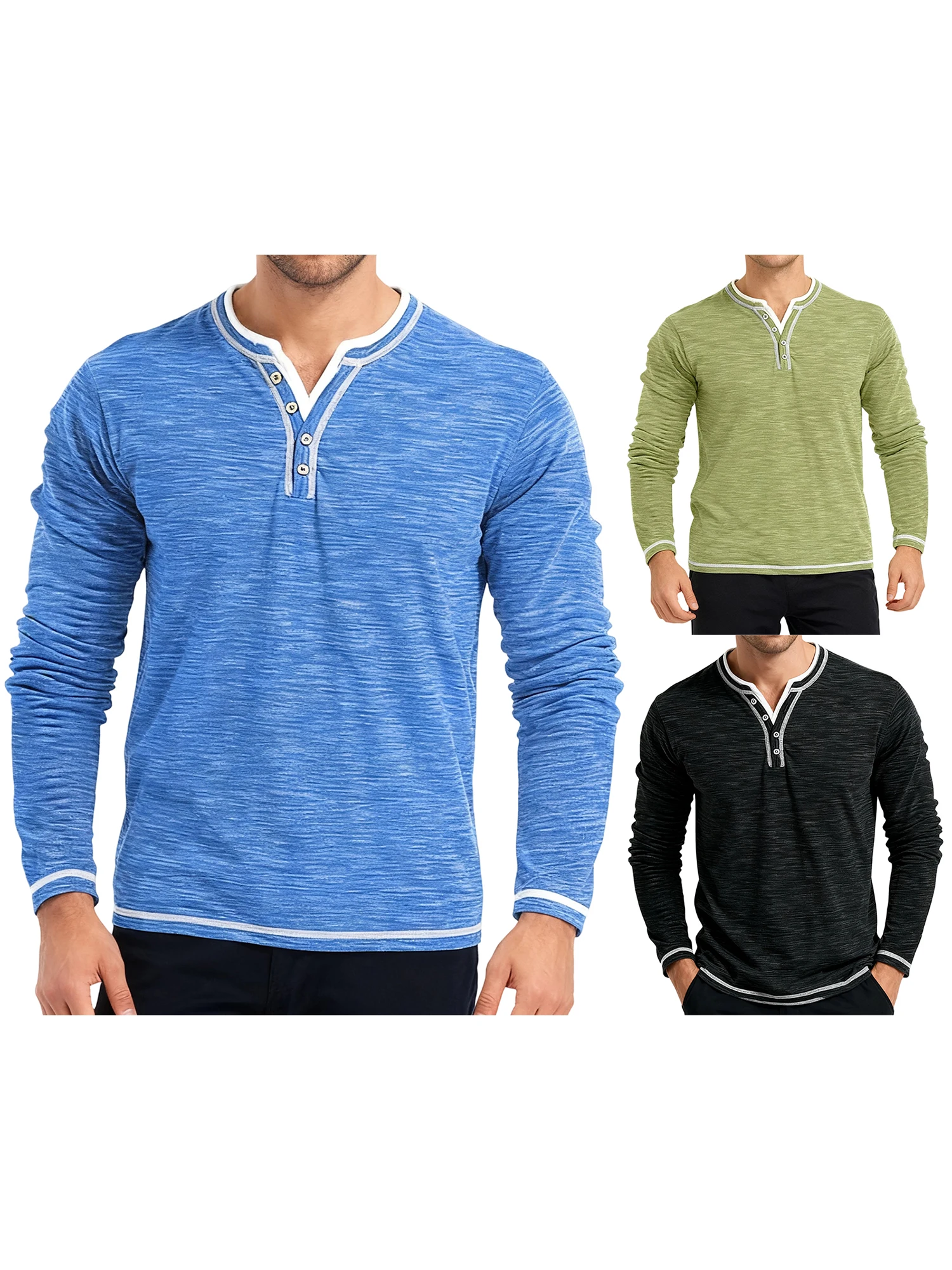 قميص هينلي أنيق بأكمام طويلة للرجال مع حواف متباينة وتفاصيل نصف أزرار تتميز بتصميم رقبة على شكل حرف V كاجوال #5