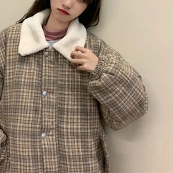 Retro Short Parkas Women Turn-down Collar Plaid Vintage Coats Korean Chic Casual Warm Winter Elegant Female Clothing Slim Coat