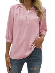 Women's V-Neck Half Sleeve Chiffon Blouse, Casual Tops for Summer, Solid Shirt