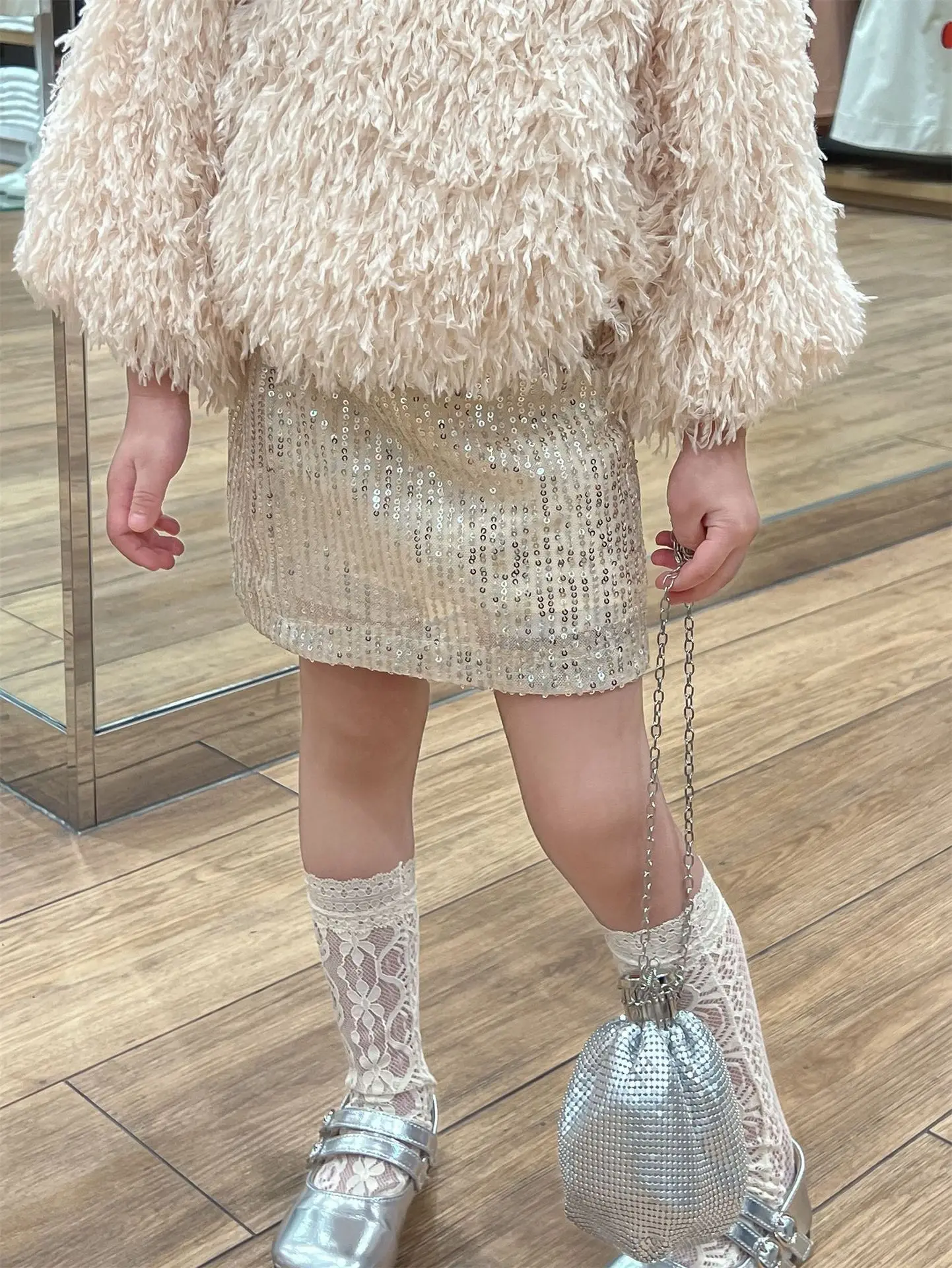 Childrens Sets Feather Long Sleeve Tops Sequin Skirt Fashion 2024 Autumn New Korean Style Childrens Two Piece Sets