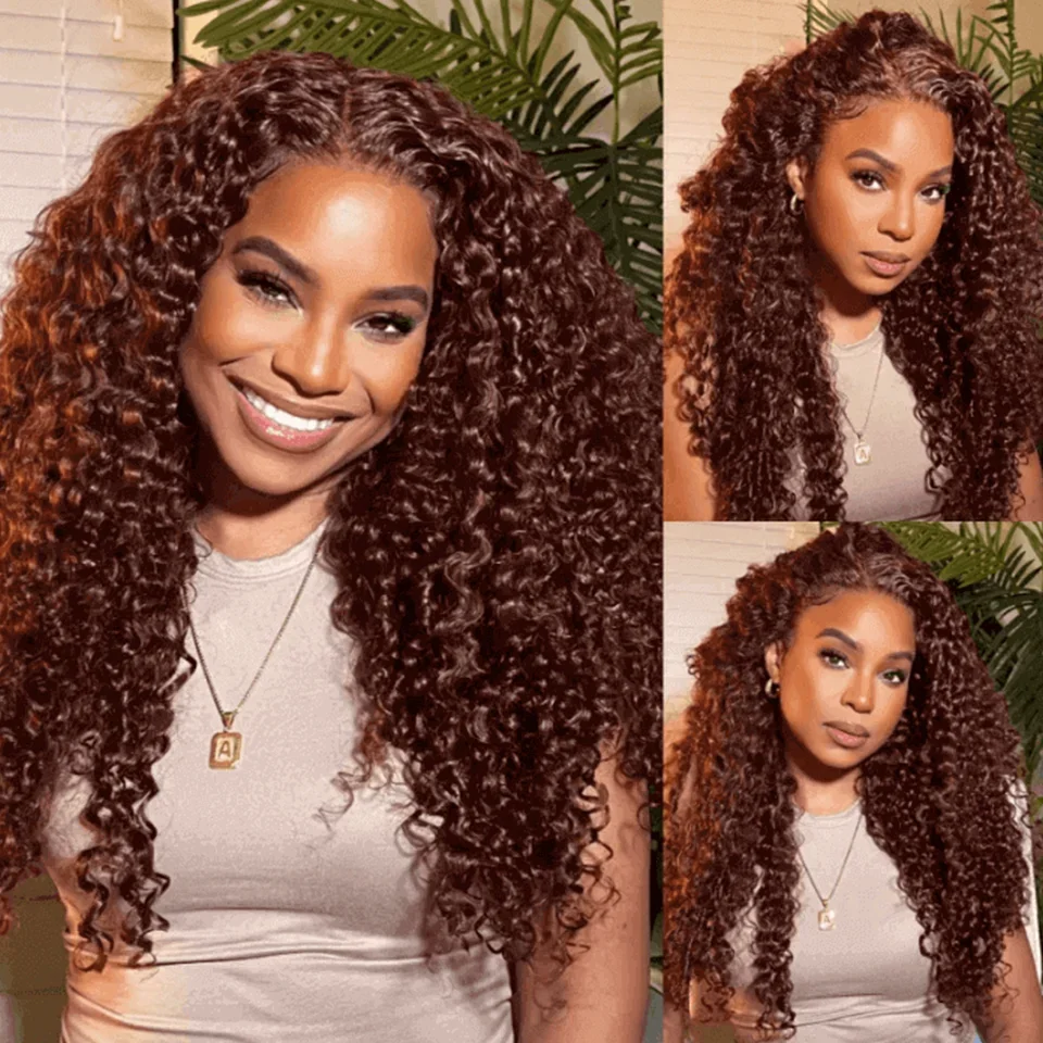 Brazilian 30 Inch Reddish Brown Deep Wave 13x4 Lace Frontal Wig 250% Water wave 13x4 Lace Front Human Hair Wigs For black Women