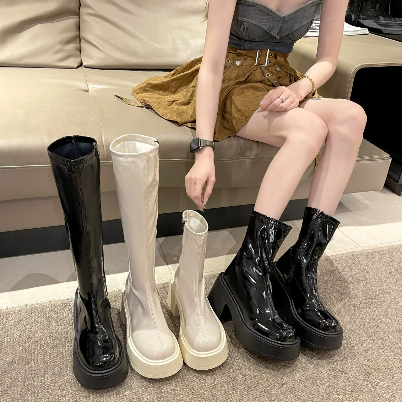 Woman Knee-high Boots Chunky Heel Platform Patent Leather Winter Boots Round Toe Rear Zipper Fashion Versatile Black Knight