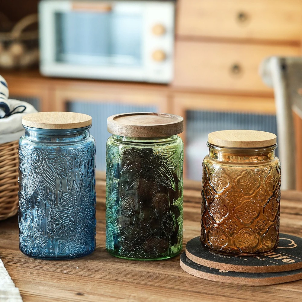 Vintage 1000ml Glass Jar with Colorful Begonia Kitchen Storage Container for Coffee Tea