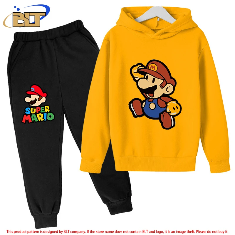 Mario children's fleece hoodie set yellow sports sweatshirt pants two-piece set suitable for boys and girls