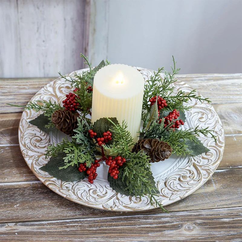 Christmas Candlestick Wreath Artificial Berry Garland Candle Ring Xmas Table Decoration Fake Leaves Wreath For Candle Holder