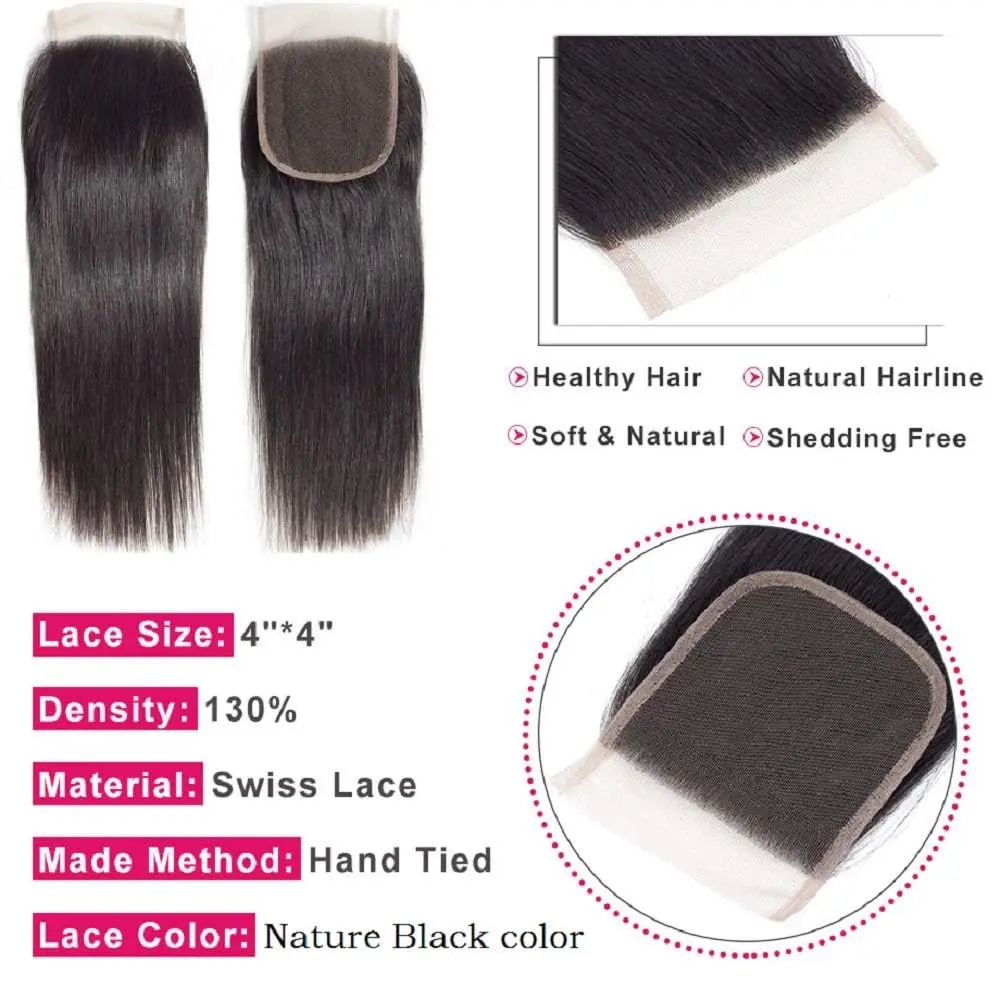 Brazilian Human Hair Bundles with Closure Straight Bundles with Closure 4 Bundles Human Hair with Lace Closure Free Part