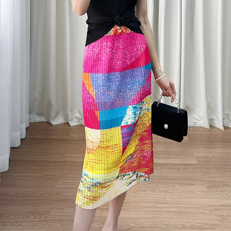 Miyake Pleated Skirt Women's 2024 Summer New Style High-waisted Temperament Slimming Slit Fashionable Mid-length Printed Skirt