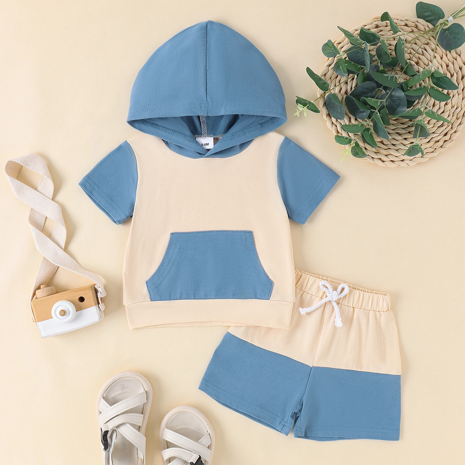 2PCS Summer Baby 0-3 Years Old Soft, Comfortable And Simple Color Matching Hooded Short-Sleeved Casual Suit With Pockets