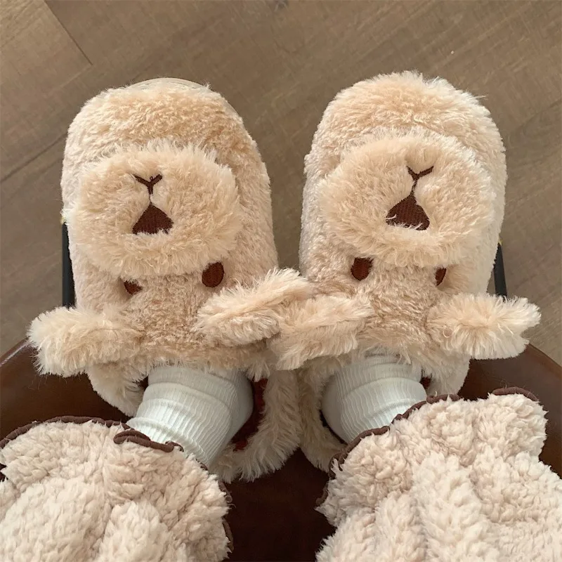 New cartoon cute head plush warm monthly cotton shoes female fall and winter students home with soft bottom cotton slippers