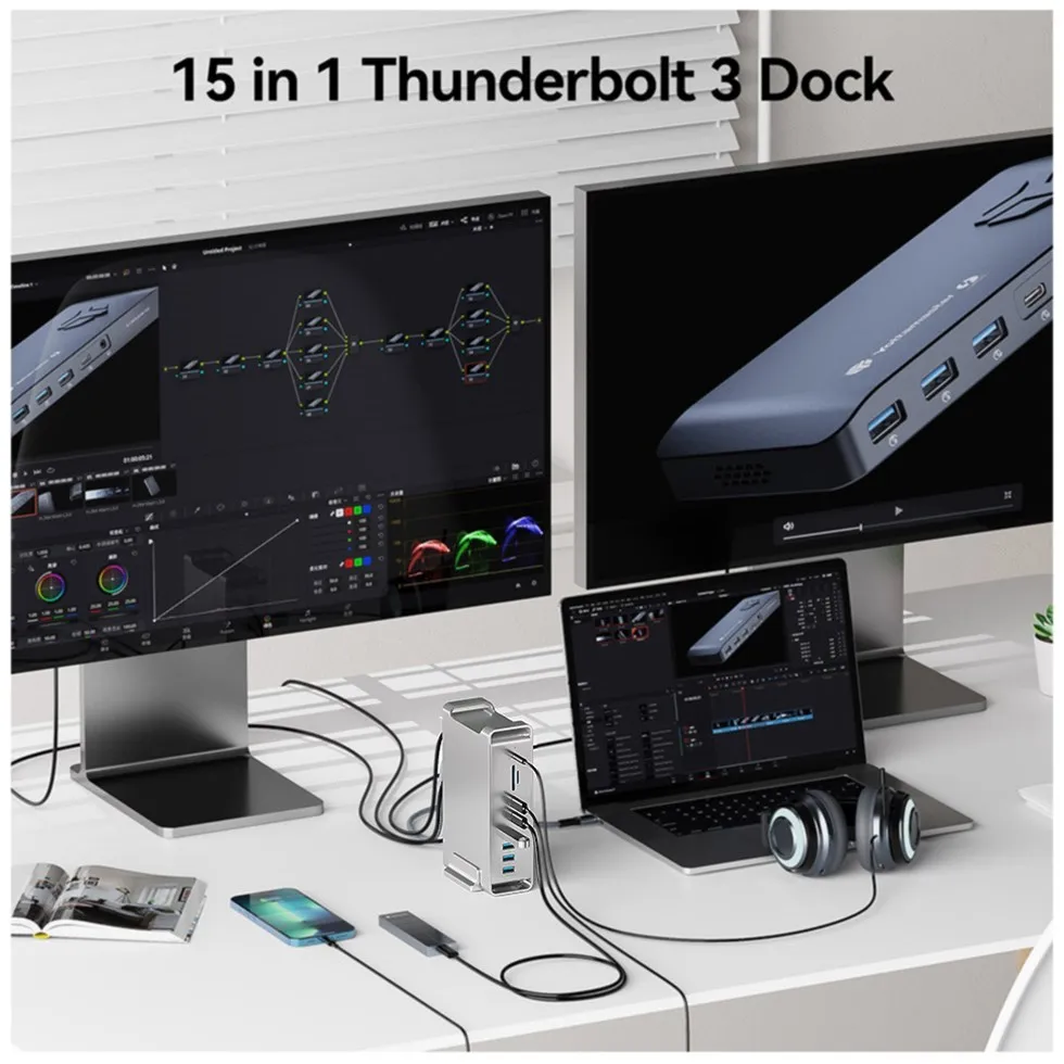 Yottamaster 15-in-1 Thunderbolt 3 Hub USB C Dock Station 40Gbps 8K 4K Video Multi USB3 Port Docking for Surface Macbook Laptop