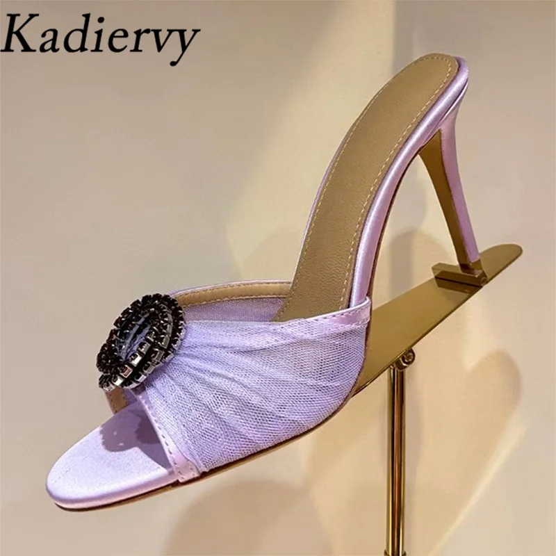 

Summer High Heels Slippers Woman Satin Mesh Pleated Pumps Sandals Rhinestone Buckle Party Shoes Woman Stiletto Slides Women