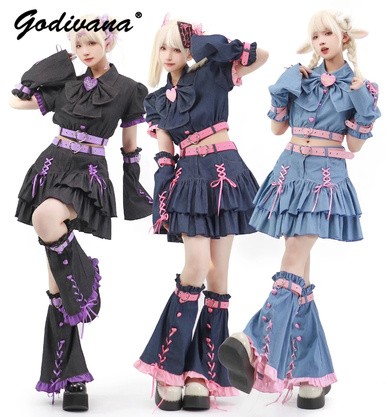 

2024 New Spring and Summer Hot Girls Denim Skirt Set Outfit Sweet Y2K Women's Bow Denim Short Coat Slim Cake Skirt Leg Warmer