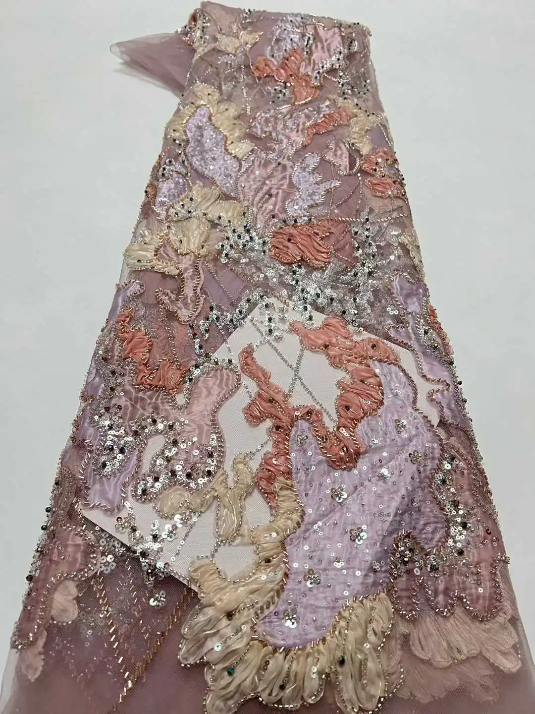 

2026 High Quality African Sequins Beaded Lace Fabric Luxury for Wedding Dress French Nigerian Groom 5 Yards