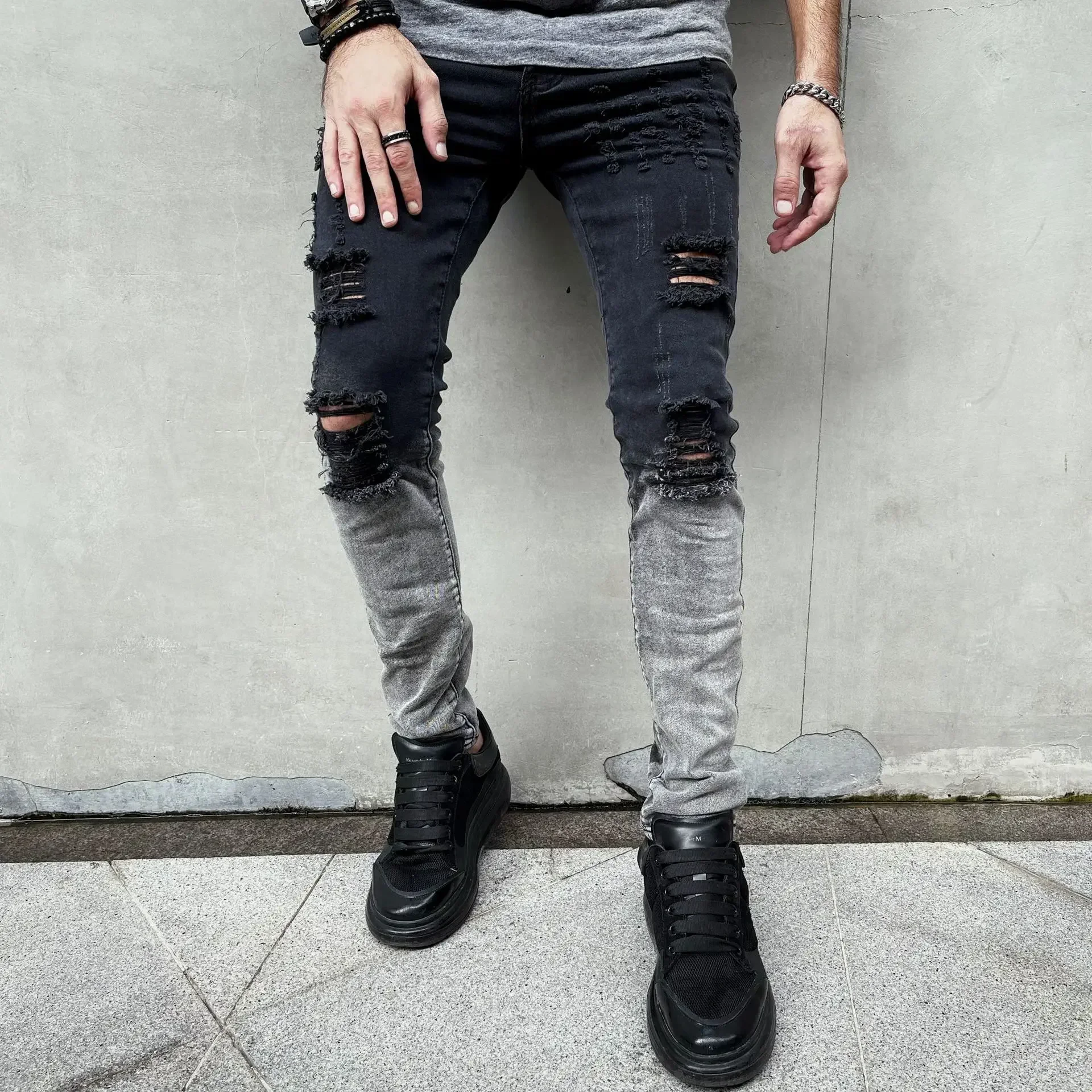 

2024 New Style Men's Casual Ripped Whitewashed Stretch Jeans, Korean Style Fashionable Black Slim-Fit Men's Ankle-Length Pants