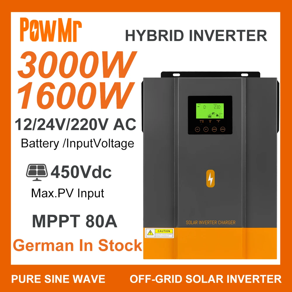 Powmr Ampla Tensão Inversor para Sistema de Painéis Solares 3kw 1.6kw 12v 24v 80a Carregador Solar Built-in Mppt 220v 230v ac Max pv cc 450v