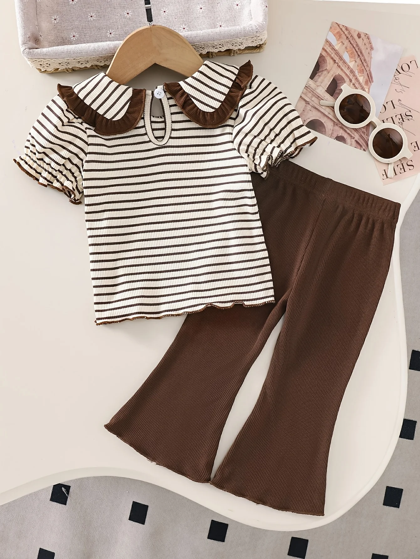 Baby Girl Spring & Summer Cute Striped Short Sleeve Top & Comfortable Brown Slit Design Long Pants 2-Piece Set