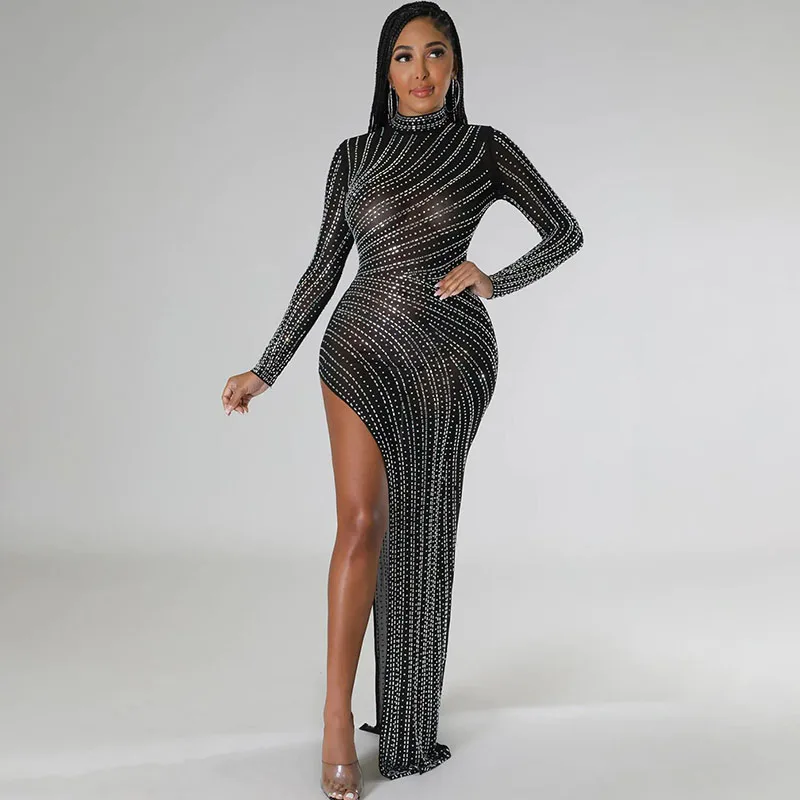 Sexy Sparkly Crystal Rhinestone Party Dress Women High Split Nightclub Birthday Outfits Mesh Sheer Irregular Bodycon Maxi Dress