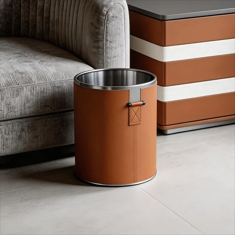 Leather Trash Can Bedroom Office Wastebasket Durable Easy Clean Trash Bin Waterproof Large Capacity Litter Bins for Bathroom