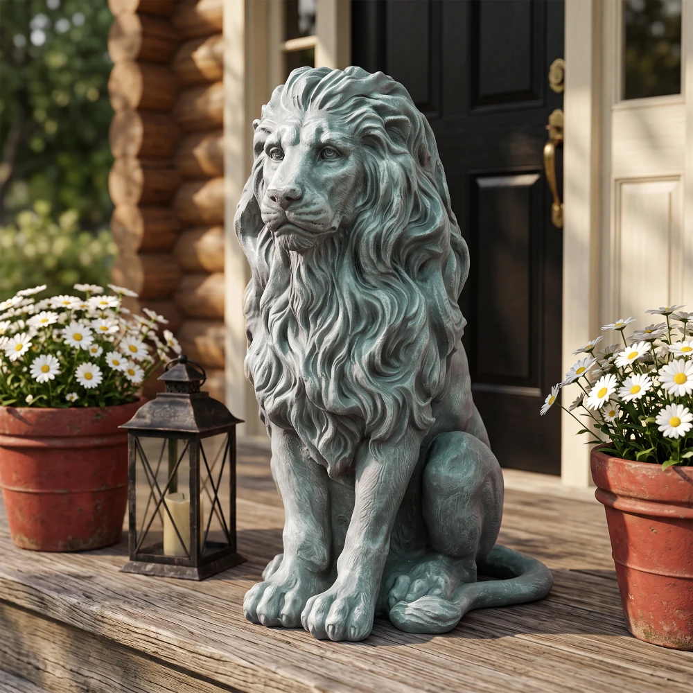 21 Inch Sitting Lion Statue Magnesium Oxide Garden Sculpture Gray Green Vintage Finish Weather Resistant Animal Ornament for Outdoor Lawn Patio Porch Front Door Entryway Indoor Home Decor