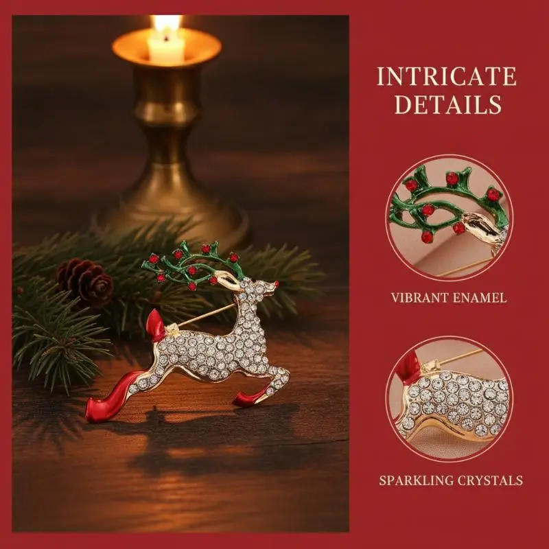 Christmas Rhinestone Elk Brooch Sparkly Enamel Animal Fawn Pin Anti-Scratch Unisex Badge for Wedding Guest Outfit Decoration