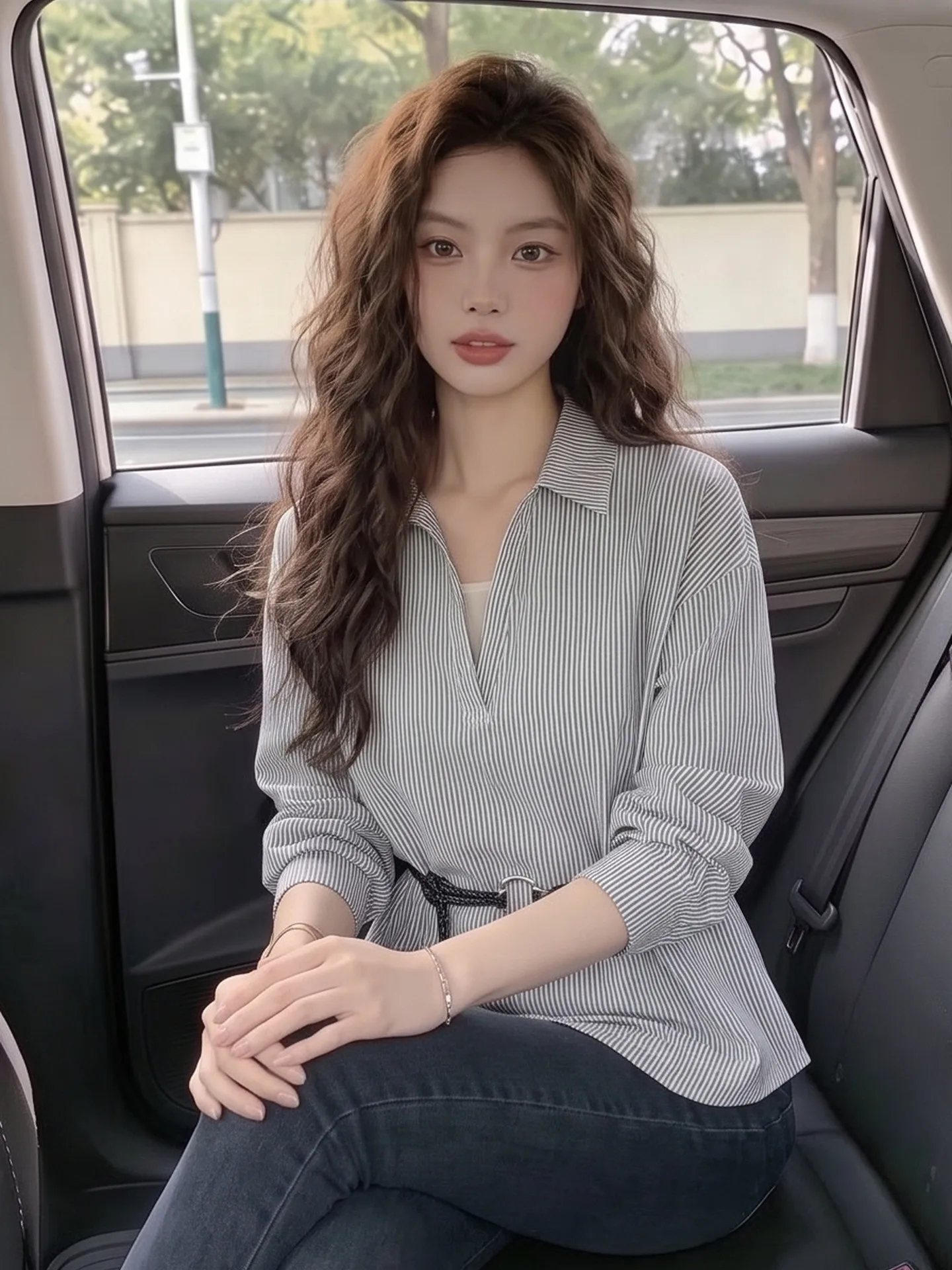 Loose Fit Women's Long Sleeve  Neck Striped Shirt Casual Commute Style Comfortable Breathable Fashionable Autumn Top