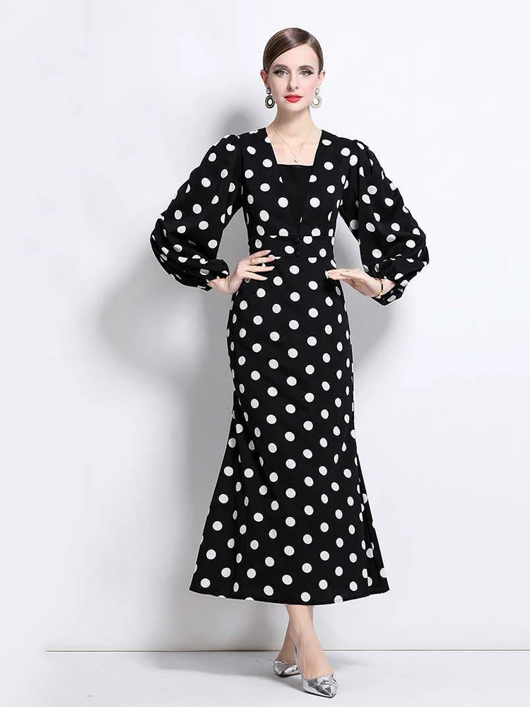 

Elegant Printing Dot Long Dresses Spring Women Puff Sleeve Square Neck Slim Dress Autumn High Waist Casual Ankle Length Dress