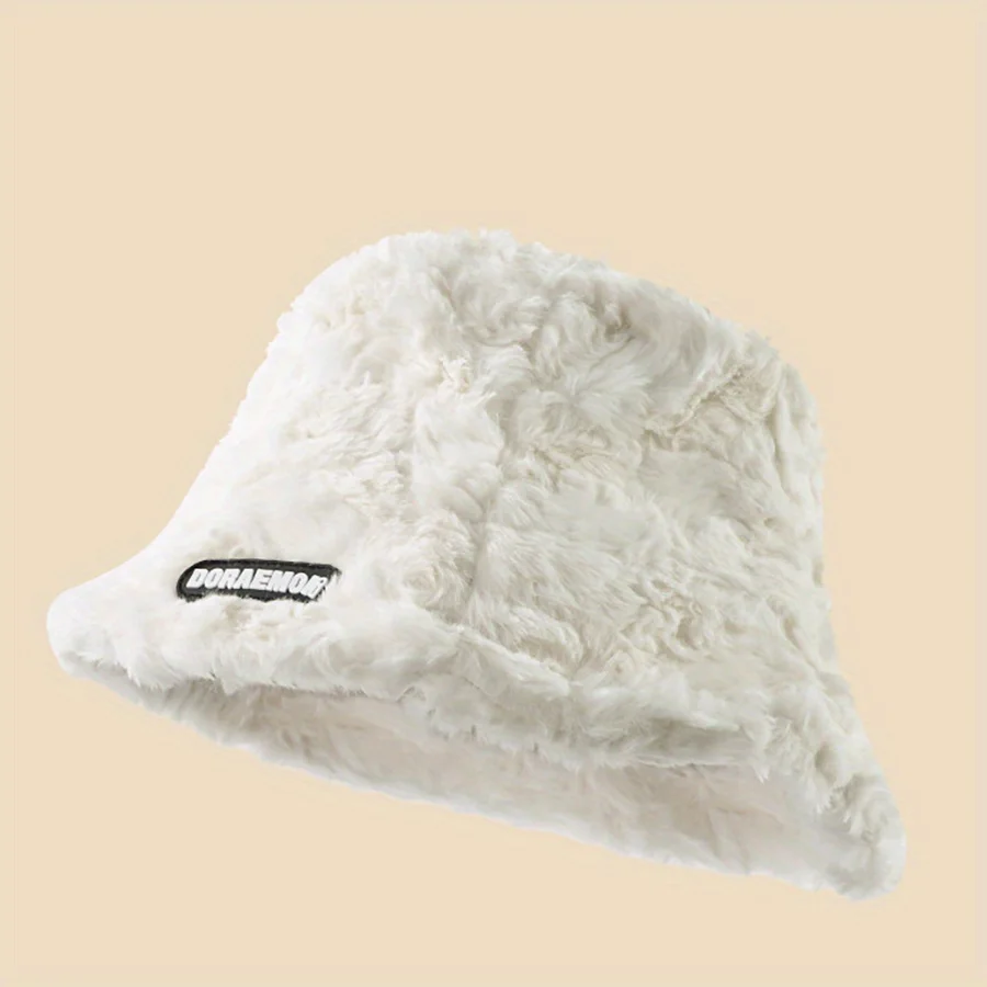 

Fleece Bucket Hat With Black Logo Letters Winter Warm Fisherman Design Fashion Trendy For Women Girls Daily Casual