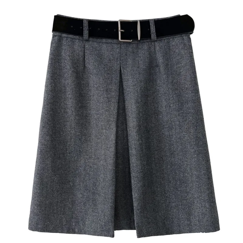 WHTREND Style coréen laine laine sensation jupe Midi pour les femmes hiver nouvelle taille haute avec ceinture a-ligne jupes WH2203