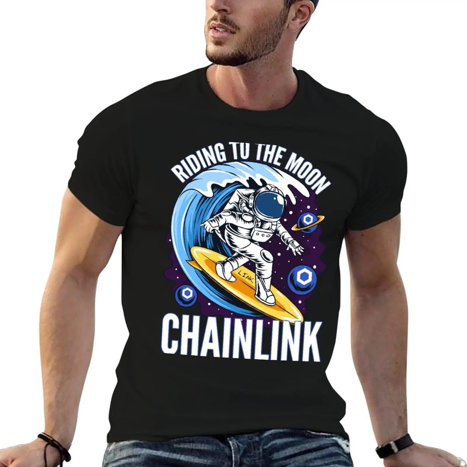 

Riding to the Moon Chainlink LINK Crypto T-Shirt mens graphic t shirts funny t shirts cotton man t shirt graphic T-shirt