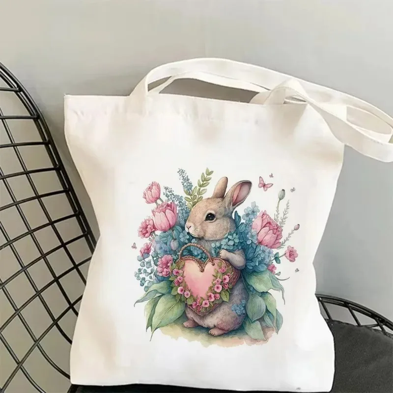 

Женская сумка через плечо с кроликом, красочная свежая холщовая ткань с принтом, прочная, экологически чистая, большая вместительная дорожная сумка