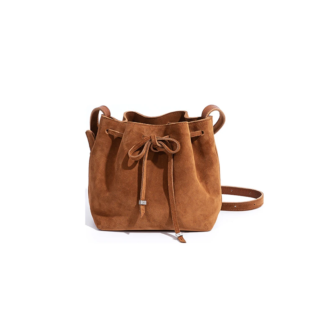 Vintage Drawstring Leather Bag bow Design Korean Bucket Bag Frosted Texture Wear-resistant Underarm Bag New