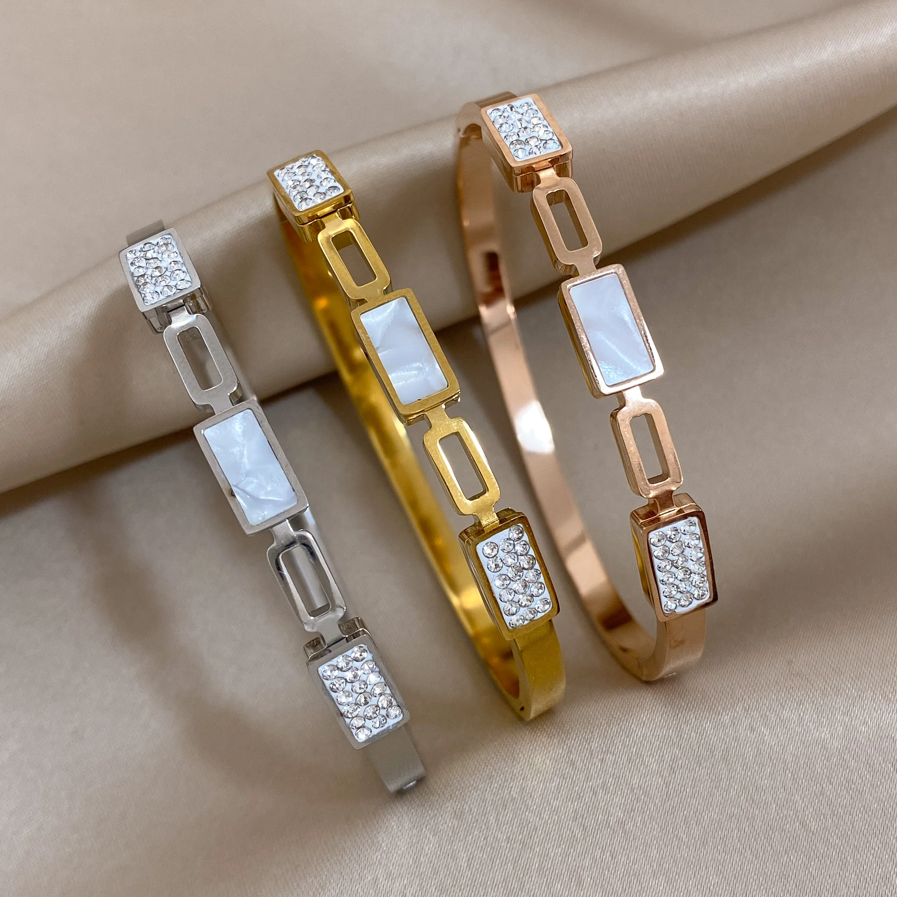 Image 5: Flashbuy Simple Chic multicolore strass Zircon acier inoxydable Bracelets pour femme nouveau charme étanche bijoux cadeau