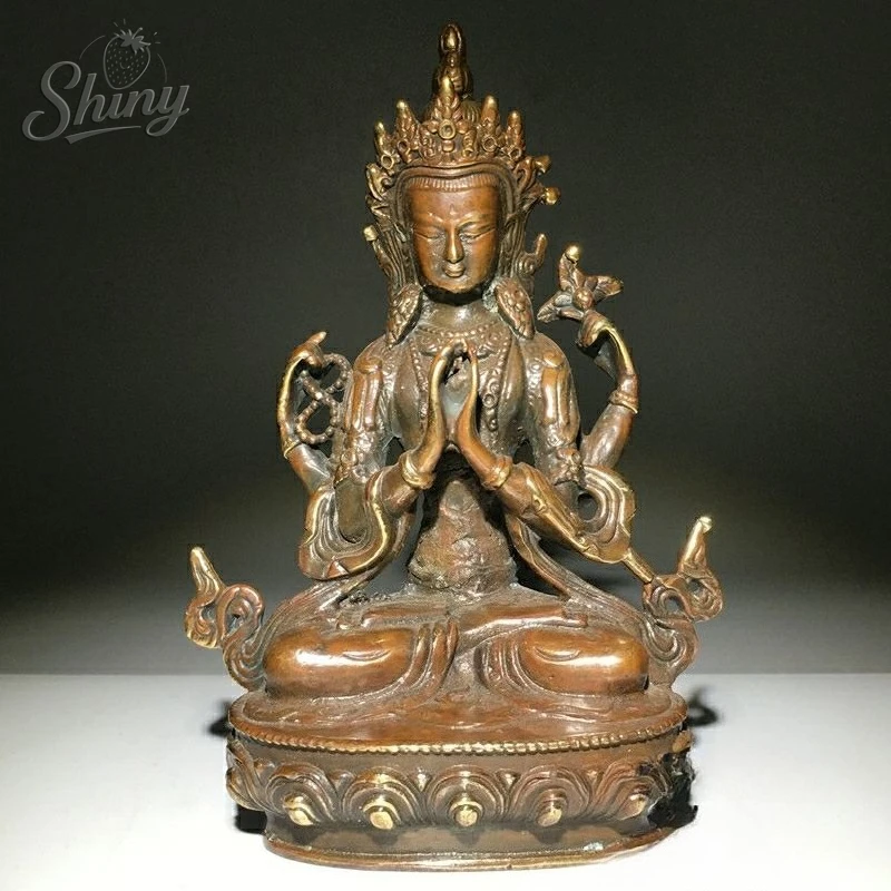 Antique Four-armed Avalokitesvara Bidhisattva Statue Desk Ornaments Tibetan Patron Saint Figurines Home Decoration Crafts