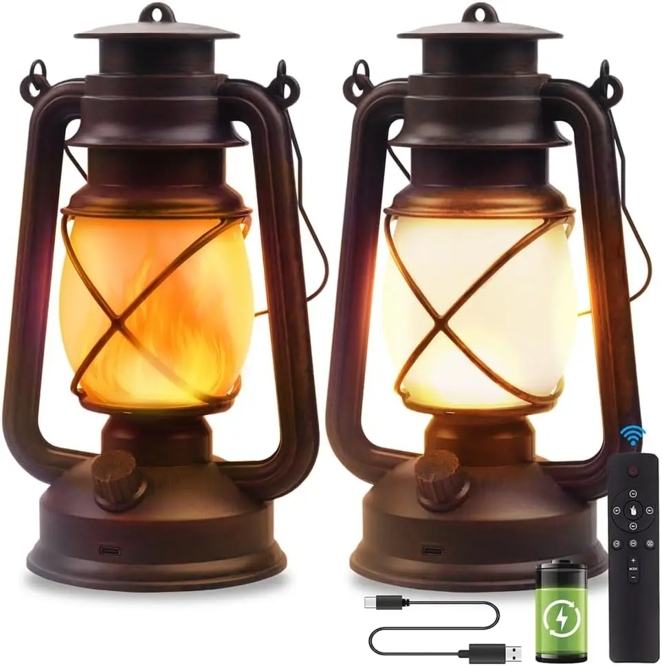 

Lantern LED Battery Powered Camping Lamp Outdoor Hanging Rechargeable Lantern Flickering Flame Retro Lanterns Remote Control