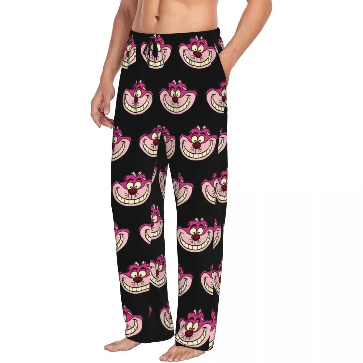 Custom Cheshire Cat Pajama Pants Sleepwear Men Elastic Waistband Animal Alice In Wonderland Sleep Lounge Bottoms with Pockets