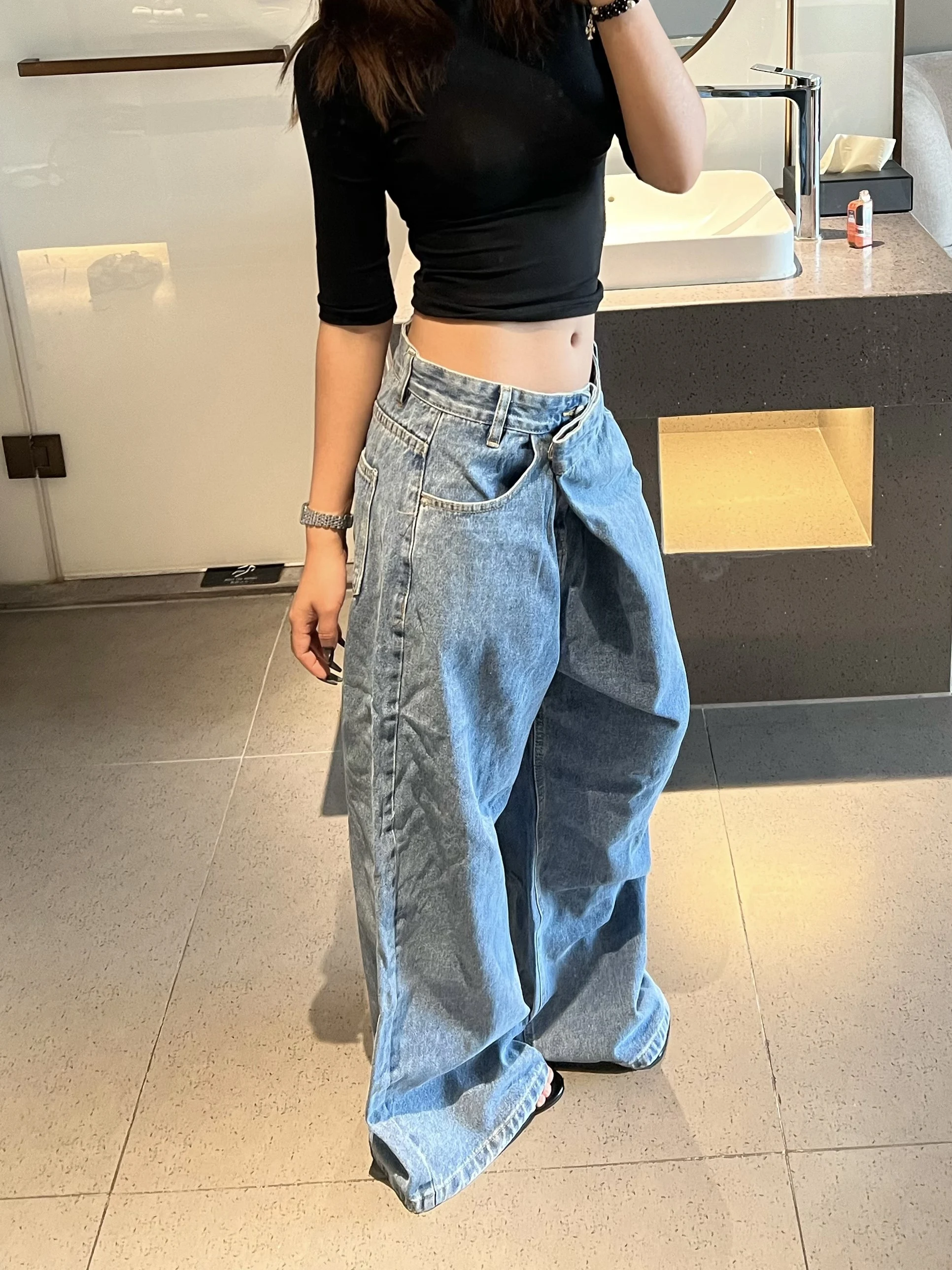 

Retro American Waed Blue Wide Leg Jeans Men Women Loose Asymmetrical Design Long Trousers Comfortable l Waist Zipper