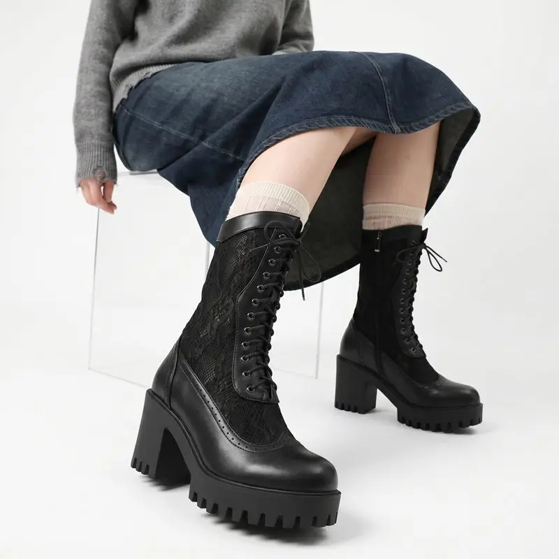 ORCHA LISA Black Womens Mid Calf Bootie Round Toe 8cm Chunky Heel Zip Lace Up Splice 3cm Platform Small Big Size 33 42 43