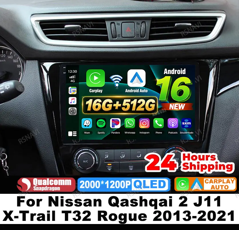 Car Radio Android 16 For Nissan Qashqai 2 J11 X-Trail T32 Rogue 2013-2021 4G LTE 5G WIFI Head Unit Autoradio Multimedia QLED DSP