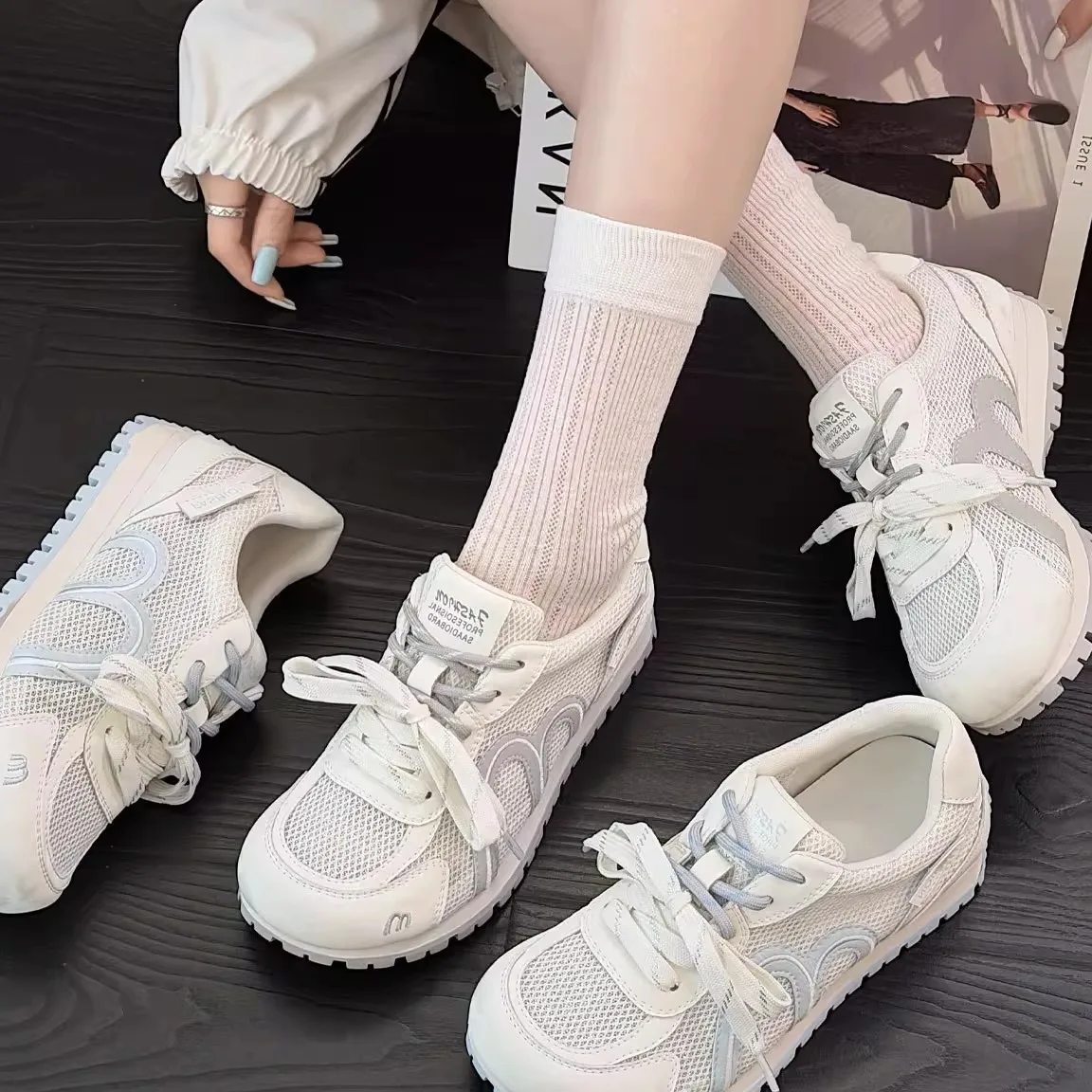 

Women's Sporty Casual Thick Bottomed Leather Mesh Single Shoes Fashionable All-rounder Low Cut round Toe Breathable Slip-On