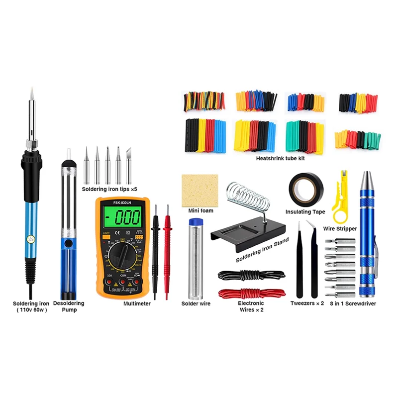 ABKP-soldeerboutset, 60W / 110V verstelbare temperatuur soldeerbout met digitale multimeterstandaard soldeertips US-stekker