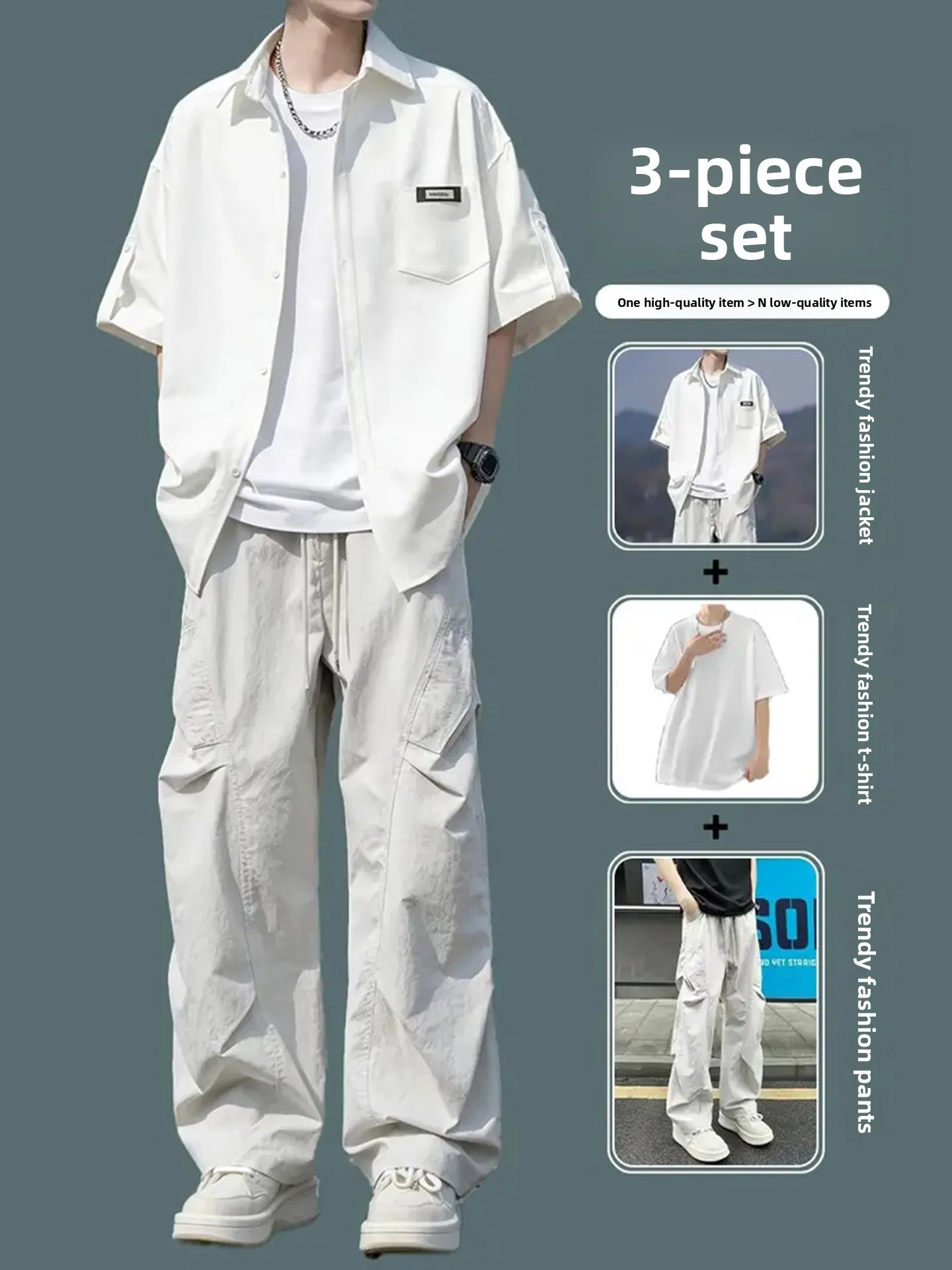 Ice Silk Short Sleeve Shirt Men's Summer Quick Dry Casual Workwear Pants Three Piece Set Premium Feeling Teenager Polyester F...