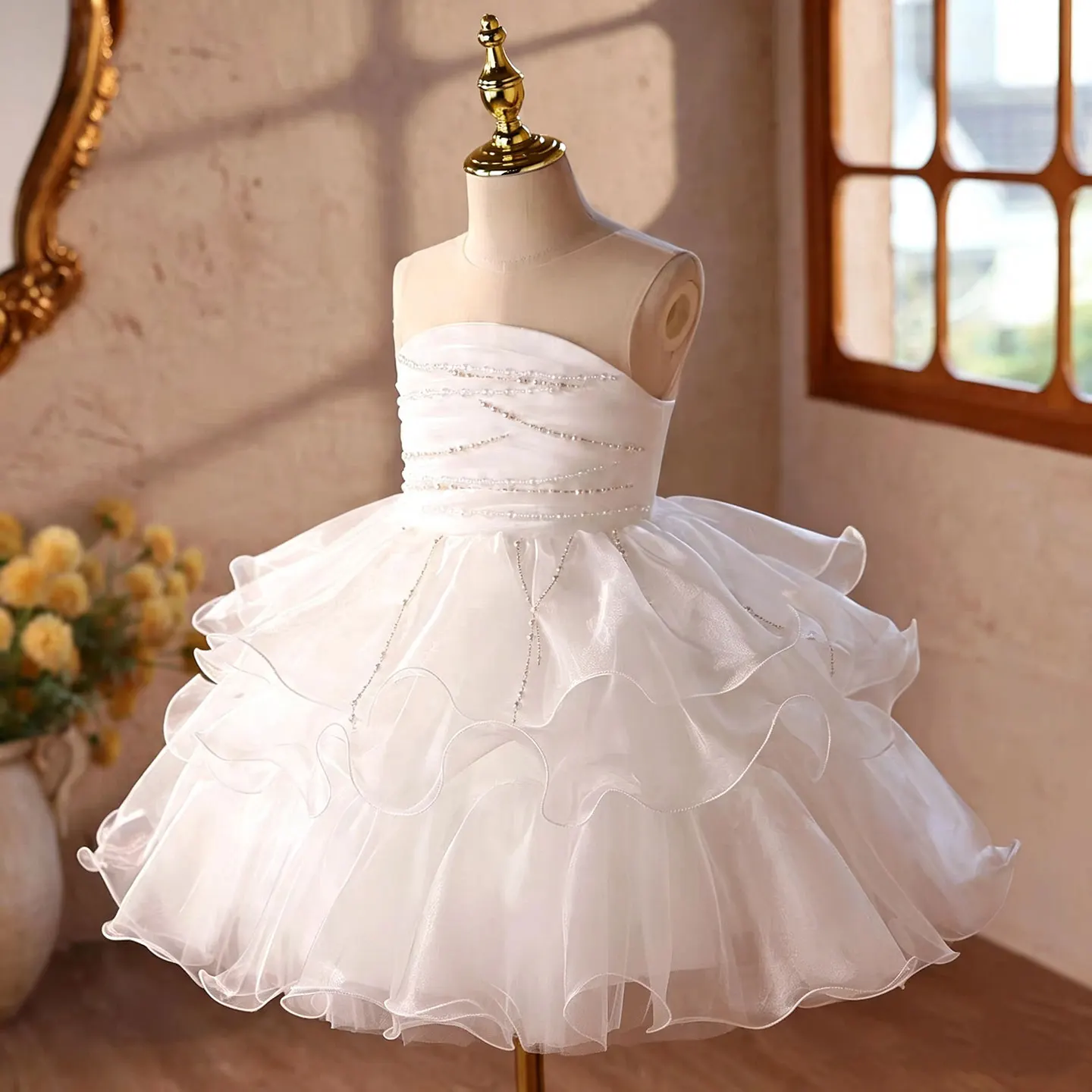 Jill Wish D110 White Strapless Flower Girl Dress,Beaded Bodice,Multi‑Layer Ruffled Organza Skirt,Princess Gown for Wedding