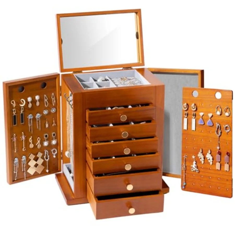 

Large Jewelry Box Wooden Jewelry Boxes for Women Jewellery Holder Organizer Storage Case with Mirror for Earrings Necklace for