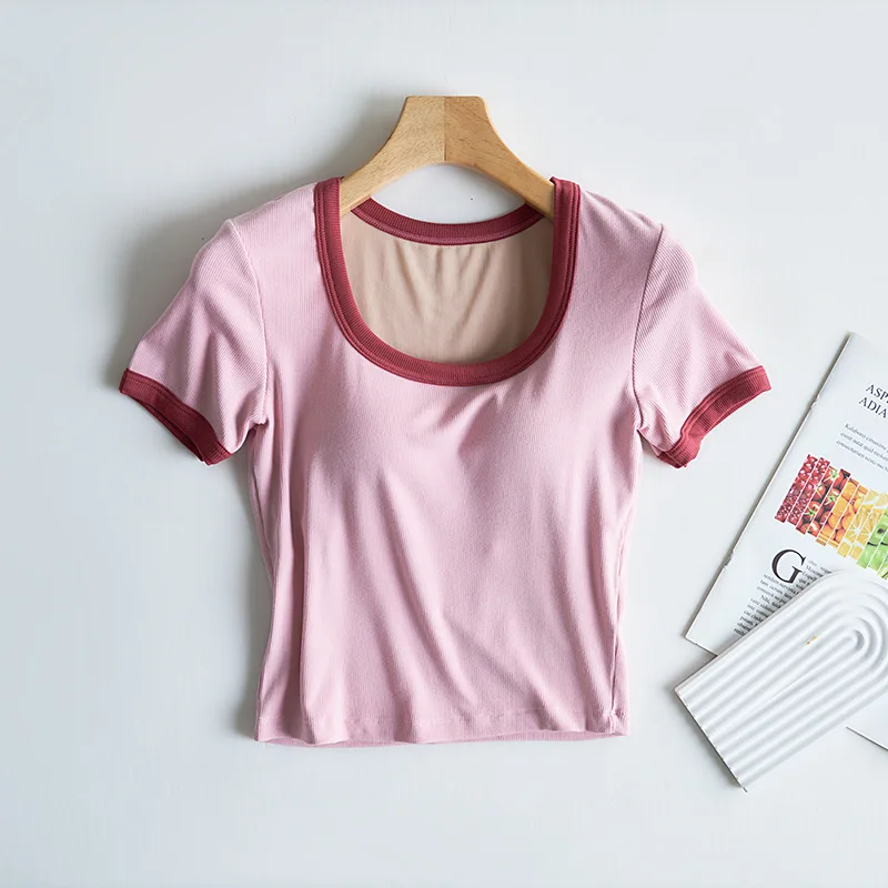 

One Piece Pajamas Top For Women Knitted Modal Short T-shirt Chest Pad Casual Bottom Shirt Comfort Sleepwear Tops Outside Wear